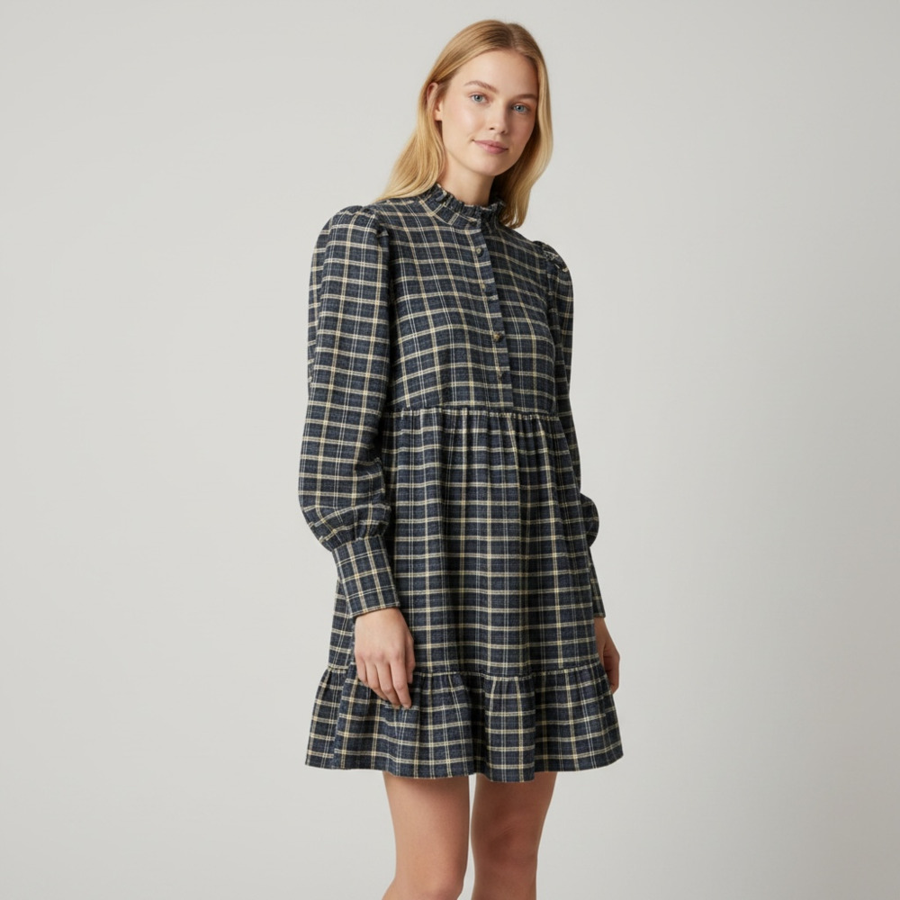 Zara Navy Blue Plaid High Neck Tiered Babydoll Mini Dress